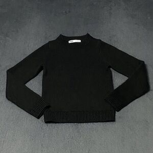Zara Cropped Sweater Womens M Black Crew Neck Long Sleeve Pullover Basic Classic